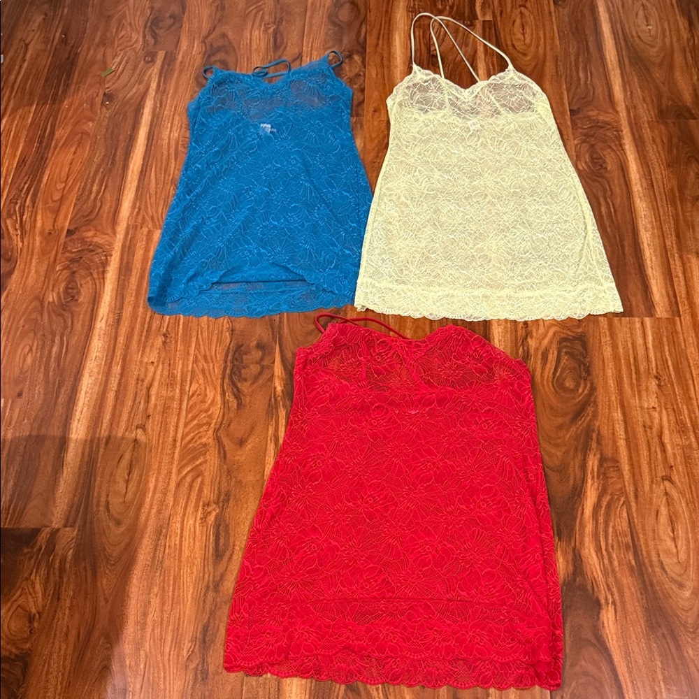 THREE PINK Victoria's Secret Lace Chemises - Blue, Yellow, Red. Essentially NEW!
